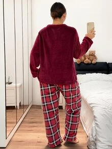 Napfluff CURVE Napfluff CURVE Heart-Shaped Flannel Long Sleeve Top And Plaid Pants Plus Size Pajama Set - Red - View 2