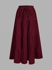 SHEIN EZwear 女款純色腰部綁帶荷葉邊下擺休閒裙 - 酒紅色 - 查看 1