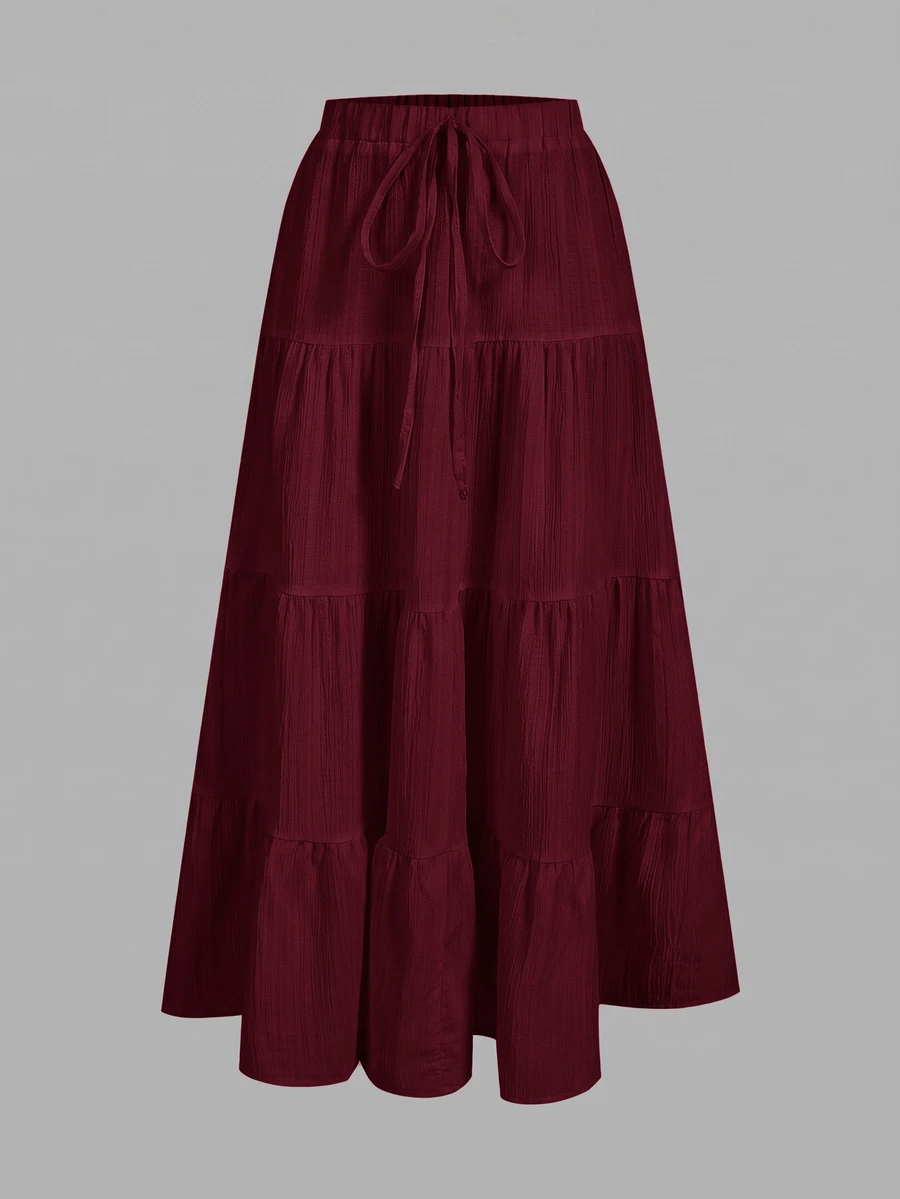 SHEIN EZwear 女款純色腰部綁帶荷葉邊下擺休閒裙 - 酒紅色 - 查看 1