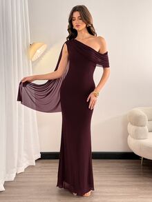 SHEIN Tall 女款優雅純色不對稱單肩長洋裝，舞會晚宴正式夏季婚禮賓客穿著，深棕色，高挑顯瘦 - 摩卡棕 - 查看 10