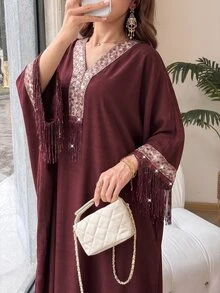 Yasmyna V-Neck Floral Ribbon Sequin Tassel Embellished Light Pink Arabian Dress Wedding Fringe Dress Fall/Winter Christening Guest Formal Modest Elegant - Burgundy - View 4
