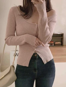 DAZY 女款春秋休閒純色斜肩開襟衫長袖上衣，秋季女裝 - 粉色 - 查看 6