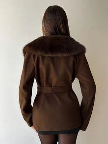 Aloruh Brown Overcoat With Faux Fur Patchwork, Belted Waist, Slimming Autumn/Winter New Style Fall Clothing Autumn Clothes Brown Overcoat Halloween - Mocha Brown - View 2