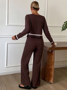 DAZY Women's Minimalist Tank Top And Long Pants With Embroidered Cardigan Pajama Set - Coffee Brown - View 2
