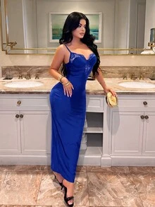 SHEIN SXY 純色蕾絲拼接修身性感夏季細肩帶優雅洋裝，適合派對、夜店、約會之夜、舞會、晚宴場合，皇家藍 - 寶藍色 - 查看 4