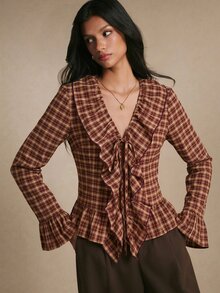Poéselle 女款格紋荷葉領喇叭袖襯衫，秋季演唱會穿搭，休閒通勤裝，萬聖節街頭風 - 鏽棕色 - 查看 4