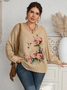 EMERY ROSE Plus Size Women's Floral Print Casual Everyday Long Sleeve Sweater ,Winter Outfit For Women - Khaki - View 3