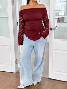 GalTyme 大尺碼女款露肩蕾絲修身百搭休閒T恤 - 酒紅色 - 查看 3