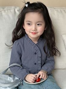 Dazy Kids Young Girl Sweet Ruffle Trim Button Long Sleeve Blouse - Blue - View 5
