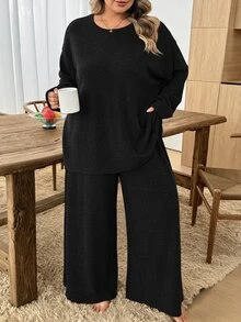 SHEIN CURVE+ 大尺碼女款秋季休閒純色巧克力棕色冬季曲線居家服兩件套秋季 - 黑色 - 查看 7