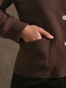 Juhart Plus Size Women Solid Color V-Neck Long Sleeve Single-Breasted Knit Cardigan - Coffee Brown - View 3