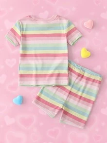 THE POWERPUFF GIRLS X SHEIN Baby Girl Cartoon Print Short Sleeve Top And Striped Contrast Color Shorts Loungewear Set - Multicolor - View 2