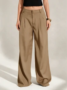 SHEIN Tall Old Money 風格女款高腰百褶寬腿褲，黑色冬季端莊商務休閒辦公穿搭，優雅純色寬鬆修身西裝長褲，適合高個女性 - 駝色 - 查看 3