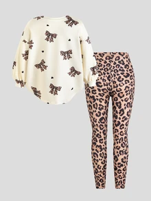 Young Girl Leopard Print Kids Bow Long Sleeve T-Shirt And Leopard Print Leggings Set - Multicolor - View 2