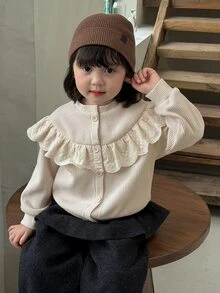 DAZY Baby Girl Patchwork Ruffle Long Sleeve Single-Breasted Casual Sweatshirt - Apricot - View 1