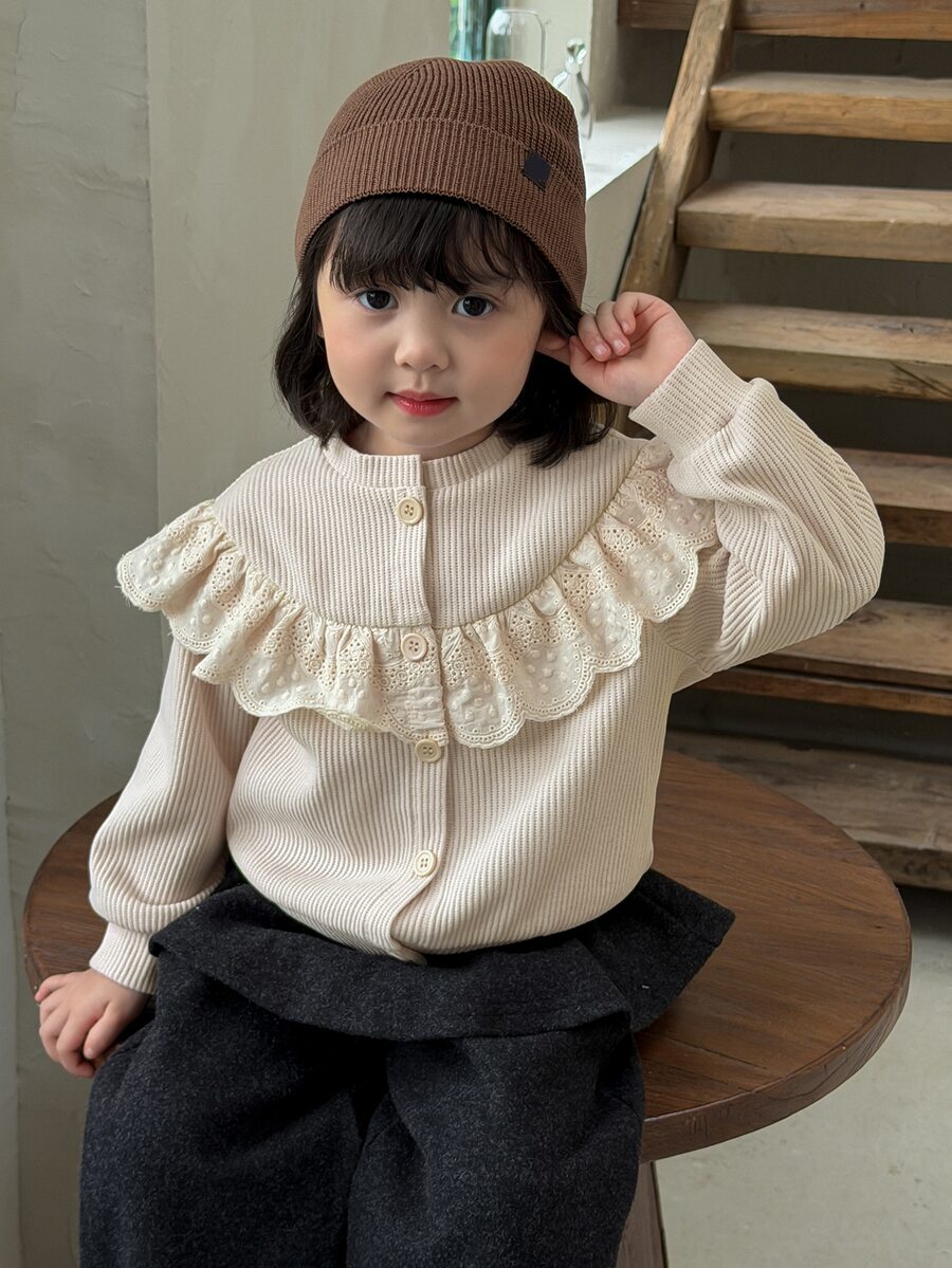 DAZY Baby Girl Patchwork Ruffle Long Sleeve Single-Breasted Casual Sweatshirt - Apricot - View 1