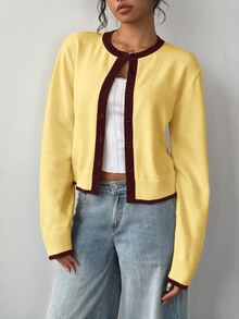 SHEIN BASICS 女款對比色保暖飾邊薄款開襟衫，辦公日常穿搭，黑白配色，秋季優雅款，秋冬基礎款，返校外出穿搭 - 淡黃色 - 查看 6