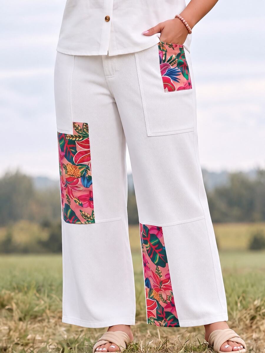 EMERY ROSE Fall Vacation Flattering Patchwork Floral Print Denim White Daily Wear Travel Breathable Plus Size Denim Pants For Women - White - View 1