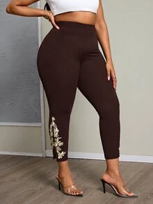 SHEIN PETITE CURVE 大尺碼刺繡高腰極簡修身長褲，休閒日常穿著，秋季 - 咖啡棕 - 查看 6