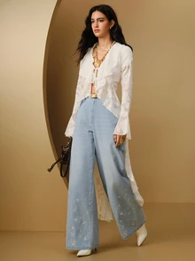 Anewsta Celana Jeans Wanita Musim Semi/Gugur Modern Serbaguna Minimalis dengan Bordir, Model Lebar, Cocok untuk Berpergian, Berbelanja, dan Kencan. - Light Wash - View 4