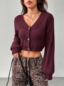 SHEIN PETITE White Lantern Sleeve Button Front Rib Knit Cardigan Open Shoulder Sweater In Autumn Petite Women Date Day Everyday Going Out Daily Wear Casual Sexy - Red Violet - View 12