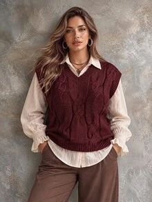 Ceyna Plus Size Women Solid Color Casual Daily Wear Knit Top - Burgundy - View 6