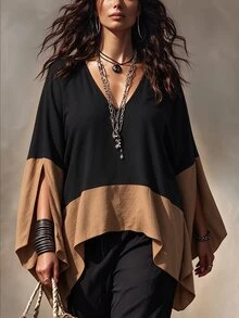 Linhara CURVE Colorblock Patchwork V-Neck Cover Up, Loose Batwing Sleeve Lightweight Atmospheric Shirt Top - Black - View 1