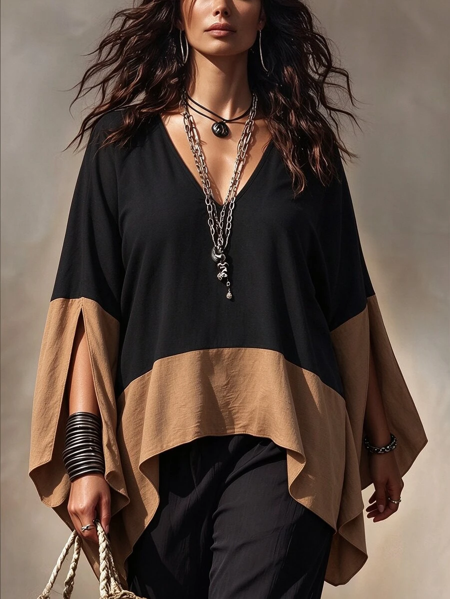 Linhara CURVE Colorblock Patchwork V-Neck Cover Up, Loose Batwing Sleeve Lightweight Atmospheric Shirt Top - Black - View 1