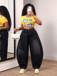 Slaydiva Plus Size Women's Front Knot Curved Leg Casual Loose Fit Jeans - Black - View 6