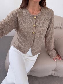 Firerie Women's Classic Apricot Knit Cardigan With Gold Buttons Round Neck Long Sleeve Casual - Apricot - View 3