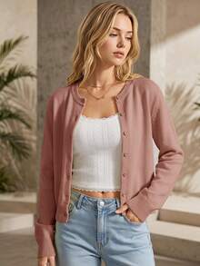 SHEIN Tall CURVE 大尺碼休閒 80 年代寬鬆柔軟正常版型純色圓領長袖短版女款黃色針織開襟衫 秋冬春季辦公通勤 - 藕粉色 - 查看 6