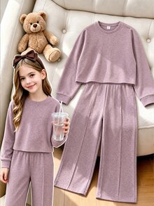 Women's Crew Neck Knit Set, New Autumn Loose Crop Top And Drapey Wide Leg Pants, Casual 2 Pieces Outfit - Khaki - View 4