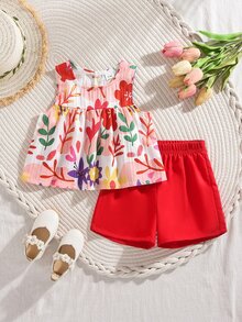 SHEIN Babygirl 2件組夏季白色無袖圓領上衣與紅色短褲套裝，可愛花卉印花梭織布料寬鬆版型，適合度假、派對、日常穿著 - 紅色 - 查看 1