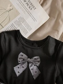 SHEIN 女童蝴蝶結印花圓領長袖休閒洋裝 - 黑色 - 查看 7