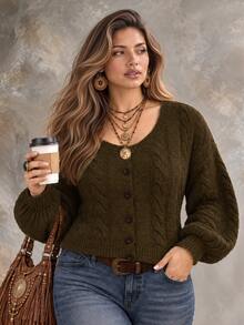 Ceyna Plus Size Vintage Cable Knit Button Long Sleeve Sweater - Green - View 3