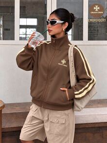 Dewbera Dewbera Women's Autumn/Winter Sports Jacket With Letter Side Stripes And Zipper Front - Coffee Brown - View 6