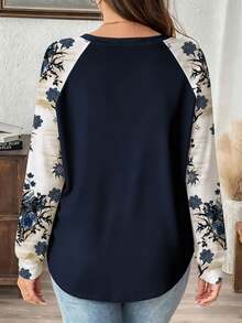 SHEIN LUNE تي شيرت فضفاض برقبة دائرية وأكمام راجلان كاجوال للنساء بمقاسات كبيرة، مناسب للربيع/الخريف - متعدد الألوان - مشاهدة 2