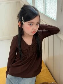 Dazy Kids Tween Girl) V-Neck Design A-Line Hem Long Sleeve Inner Layer Autumn T-Shirt - Brown - View 5