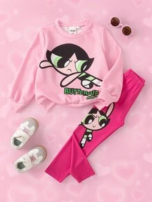 THE POWERPUFF GIRLS X SHEIN 女童圓領長袖運動衫與長褲套裝 - 彩色 - 查看 2
