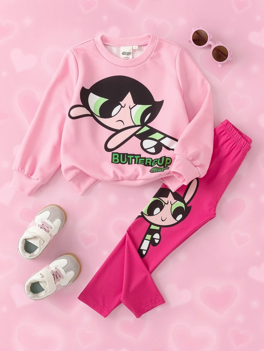 THE POWERPUFF GIRLS X SHEIN Young Girl Crew Neck Long Sleeve Sweatshirt And Pants Set - Multicolor - View 1