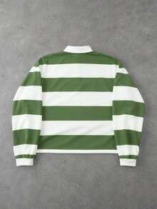 ROMWE MEN Street Life Men's Striped Colorblock Long Sleeve Polo Shirt For Daily Wear - Green - View 2
