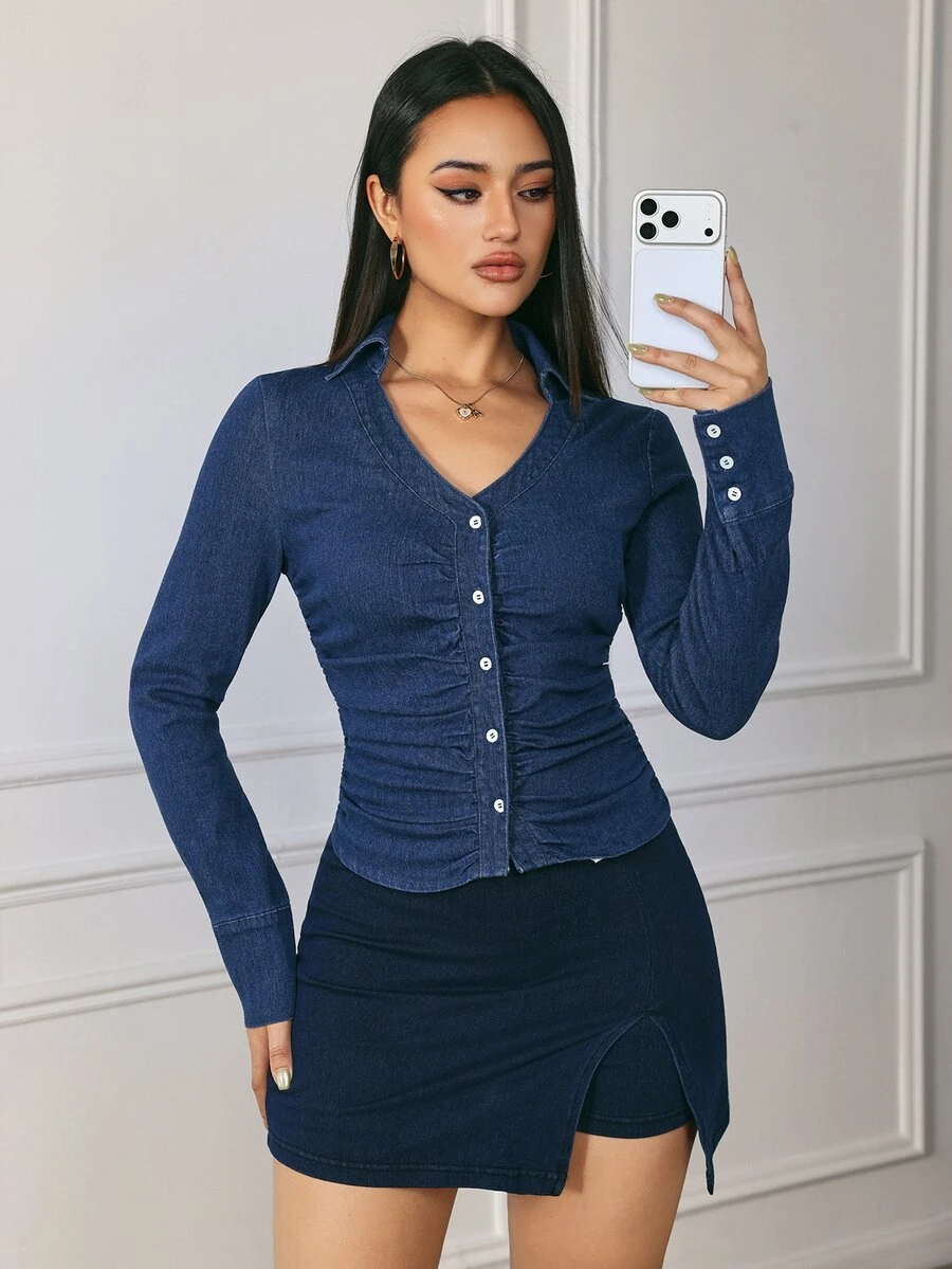 Flexra Women's Fashion Button Ruched Long Sleeve Denim Top - Dark Wash - View 1