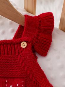 SHEIN 1pc Red Ruffle Strap Romper, Exquisite Embroidered Jumpsuit, Baby Sweater Jumpsuit, Fashionable Sweet Outfit, Versatile Comfortable Christmas Wear - Red - View 3