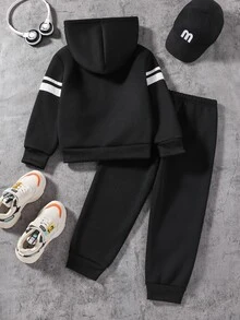 SHEIN 2件組小男孩休閒純色長袖保暖內裡拉鍊外套與長褲套裝，適合日常休閒戶外穿著，秋冬季 - 黑色 - 查看 2