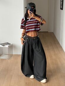 Coolane Plus Size Women's Striped Casual Everyday Travel Long Pants - Black - View 4