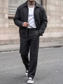 Manfinity CasualCool Men's Striped Zipper Placket Jacket And Pants Casual Set - Black - View 3