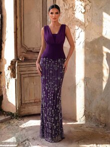 Aureia Elegant Glamorous Purple V-Neck Chiffon Ruffle Top Sequin Straight Long Dress Evening Gown, Back Slit Design, Summer Formal Wedding Guest Party Dress - Dark Purple - View 4