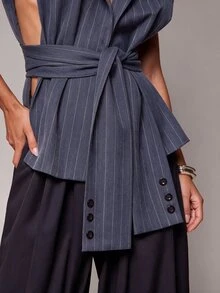 Hauture Striped Blazer This Top Is Defined By Its Unconventional SleVest Top A Wrapped Sleeve Extension - Navy Blue - View 6