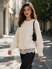 Editum Women's Lace Patchwork Casual Everyday Long Sleeve Sweater - Apricot - View 7