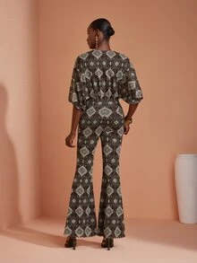 JIAN LASALA Mesh V Neck Overlapped Bishop Sleeve Long Jumpsuit Casual Vacation Holiday - Multicolor - View 2